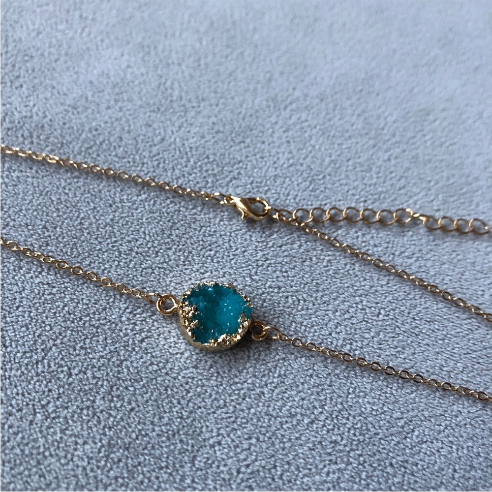 Faux Druzy ~ Beautiful Blue Green Teal ~ Gold Tone Necklace ~ Brand New!